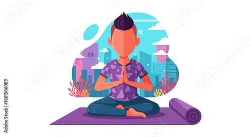 Stylized person meditating in a peaceful lotus pose on a yoga mat, set against an abstract urban backdrop, embodying modern wellness and mindful city living.