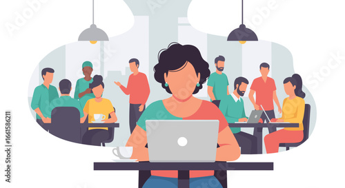 Woman working on a laptop in a vibrant, modern co-working space or cafe. Illustrates flexible work, productivity, and a collaborative business environment.