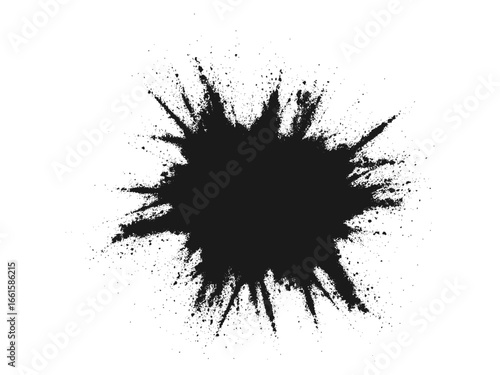 A dramatic burst of fine black powder exploding outward on a clean white background. Abstract ink-splash effect with scattered particles and dynamic energy.