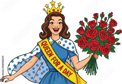 Smiling crowned woman holding bouquet of red roses, Queen for a Day sash, joyful pageant winner celebration vector illustration in cartoon style