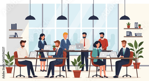 Diverse business professionals working collaboratively in a bright, modern open-plan office. Emphasizes teamwork, productivity, and a contemporary workspace.
