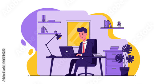 Smiling businessman diligently works on his laptop in a modern, organized home office environment, representing productivity and remote work success.