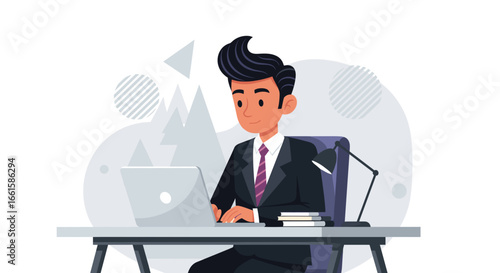 Professional businessman works diligently on laptop at office desk. Represents productivity, remote work, technology, and success in modern business. Ideal for corporate themes.