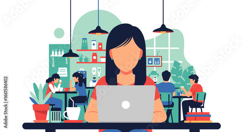 Focused woman working remotely on laptop in a vibrant cafe. Represents modern business, freelance, digital nomad lifestyle, and co-working productivity.