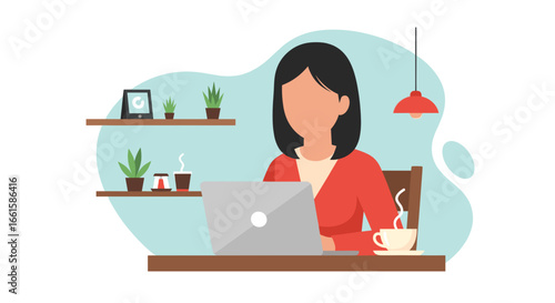 Professional woman illustration working on a laptop at a cozy home office setup, emphasizing remote work, productivity, and modern business.