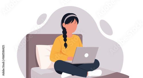 Young person comfortably working or studying on a laptop in bed at home. Illustrates remote work, online learning, and a relaxed digital lifestyle.