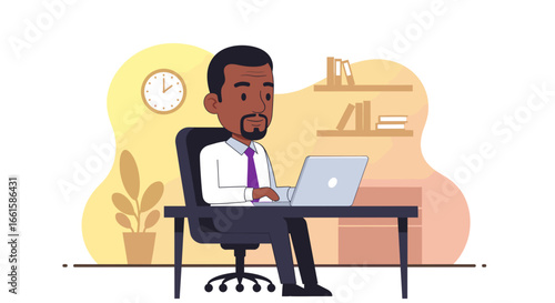 Professional Black man diligently working on a laptop at his office desk, depicting business, productivity, and remote work concepts.