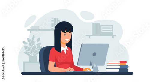 A smiling woman works diligently on her computer at a desk in a modern office, embodying productivity and a positive work environment. Ideal for business, remote work, or lifestyle concepts.