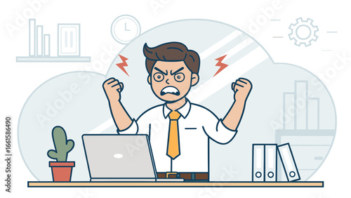 Frustrated businessman at his office desk, yelling and clenching fists, experiencing work stress or burnout. Ideal for concepts of anger, pressure, or job dissatisfaction in a corporate environment.