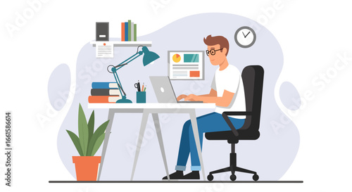 Productive young man working on a laptop in a tidy home office, ideal for remote work, study, or freelance business concepts.