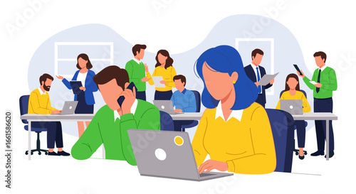 Dynamic office environment with diverse professionals collaborating and working productively. Ideal for concepts of teamwork, business, communication, and modern workplace.