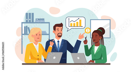 Diverse business team collaborating on financial growth and strategy. Professionals analyze data in a modern office, representing teamwork and success.