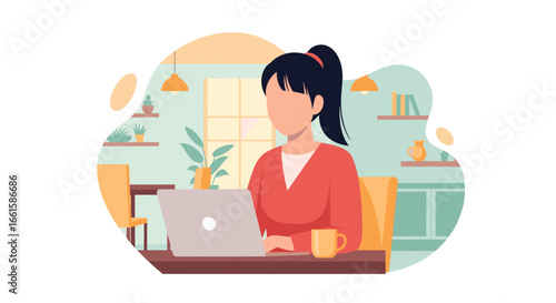 Young woman focused on her laptop in a comfortable home office setting, representing remote work, online education, or personal productivity. Ideal for business and lifestyle themes.