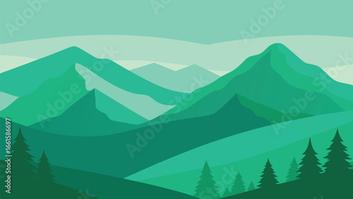 Minimalist green mountain landscape illustration with trees vector art scalable eps file