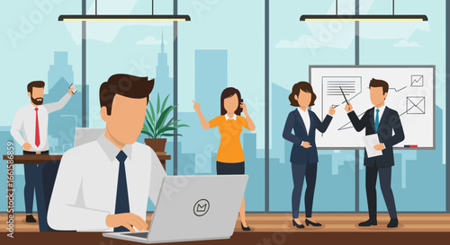 Professional business people collaborate and work efficiently in a modern office with city views, highlighting teamwork, productivity, and corporate success.