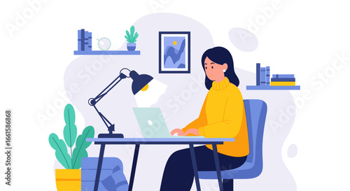 Young woman focused on her laptop, working from a cozy home office setup. Represents remote work, online learning, and productivity in a comfortable environment.