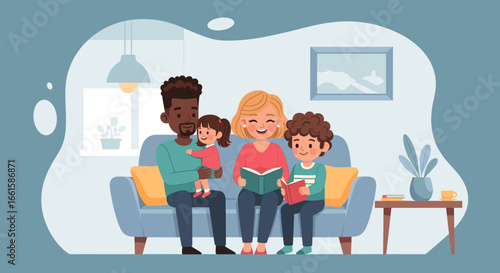 A happy, diverse family enjoys reading and bonding time on a sofa in their cozy living room. Illustrates togetherness, education, and modern family life.