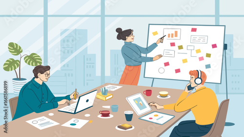 Diverse team collaborating in a modern office meeting, presenting ideas and working on digital devices. Ideal for business, technology, and teamwork concepts.