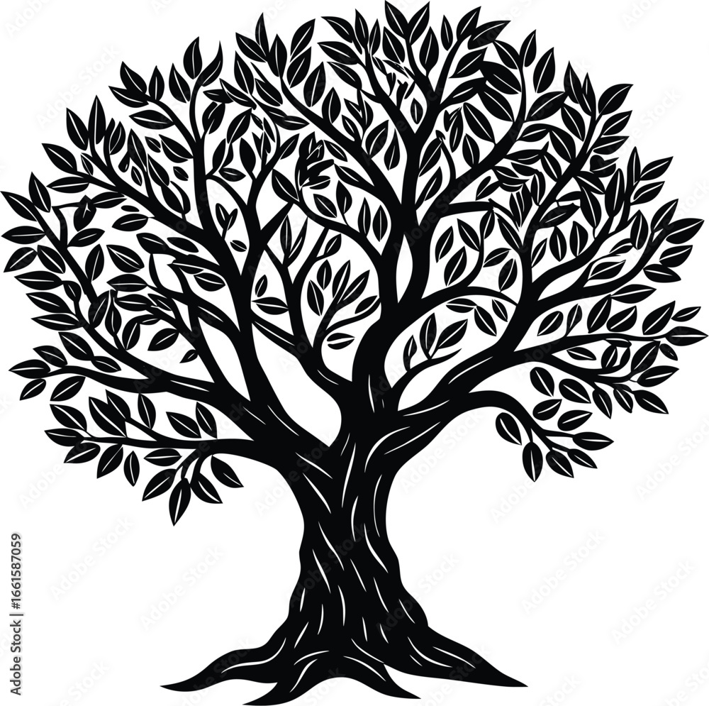 Obraz premium Detailed Tree with Leaves Vector Illustration Black Silhouette