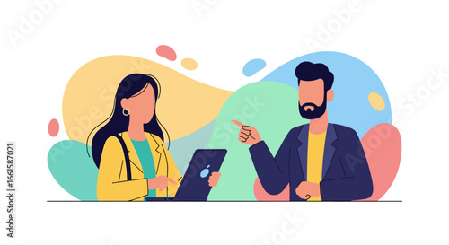 Two diverse business professionals collaborate, discussing data on a laptop in a modern, vibrant office setting. Ideal for themes of teamwork, digital work, and successful communication.