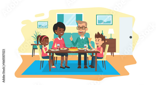 Happy diverse family enjoying a meal and conversation at home. Illustrates togetherness, family bonding, and domestic lifestyle.