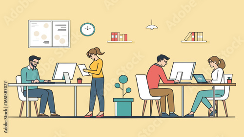Diverse team of professionals working diligently in a modern open-plan office, collaborating and focusing on tasks for business productivity.