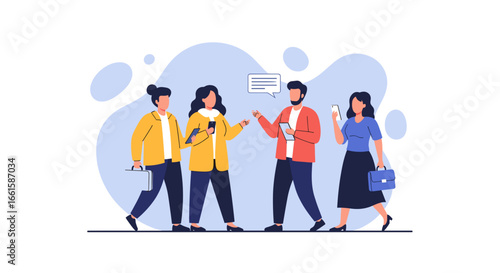 Diverse business professionals communicate and network while walking. Represents teamwork, modern collaboration, and corporate lifestyle.