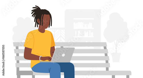 Young Black person with dreadlocks working on laptop in a minimalist outdoor setting, symbolizing remote productivity and modern education.