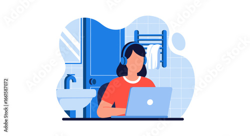 Woman in headphones uses laptop, working remotely or studying from a private bathroom setting. Concept of flexible work or online education.
