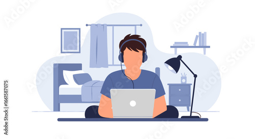 Focused young person wearing headphones, working on a laptop from their home bedroom. Illustrates remote work, online learning, or a modern lifestyle.