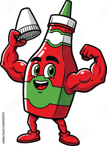 Strong muscular ketchup bottle cartoon character flexing arms, funny food mascot, vector illustration, healthy food concept, smiling anthropomorphic condiment bottle