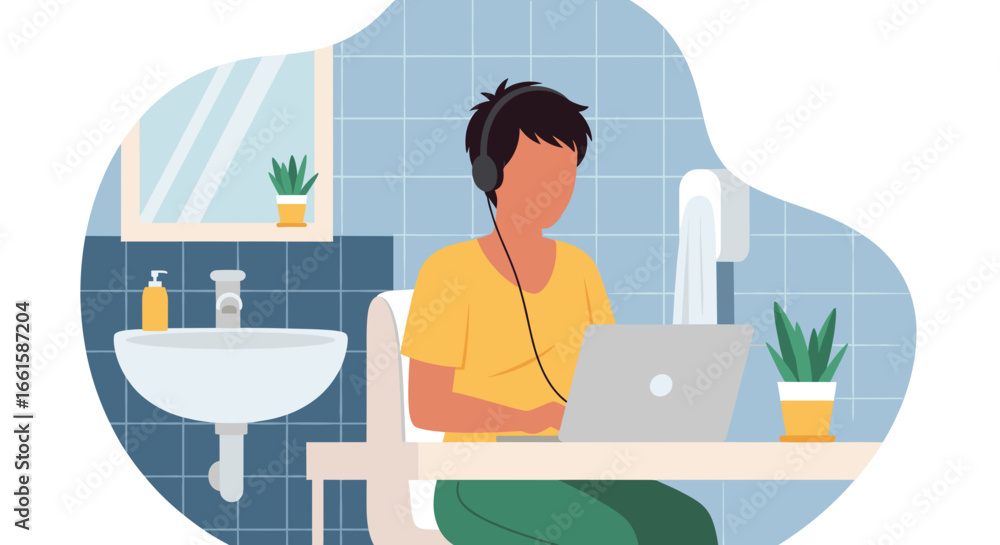 Fototapeta premium Remote worker with headphones focused on laptop, symbolizing modern work-from-home flexibility and digital lifestyle in a unique home environment.