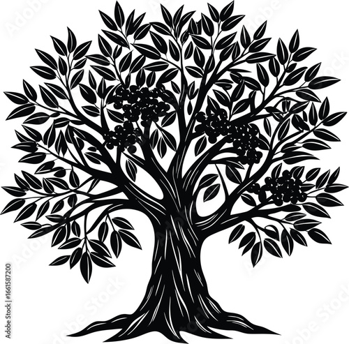 Detailed Olive Tree with Berries and Leaves Silhouette