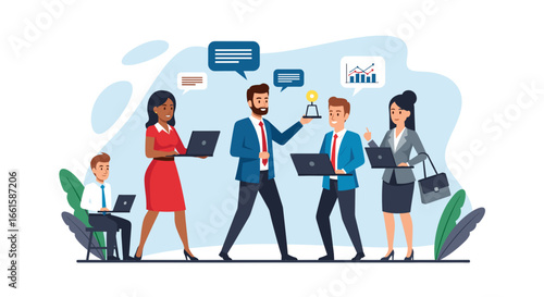 Diverse business team collaborating on projects, celebrating success, and analyzing growth. Ideal for corporate teamwork, achievement, communication, and modern workplace concepts.