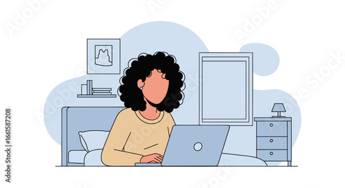 Woman with curly hair working comfortably on a laptop from her bed. Ideal for concepts of remote work, online education, and digital lifestyle.