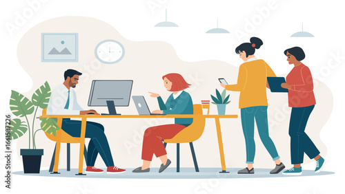 Dynamic and diverse team of professionals collaborating, discussing, and working on computers in a modern, productive office environment. Ideal for business concepts.