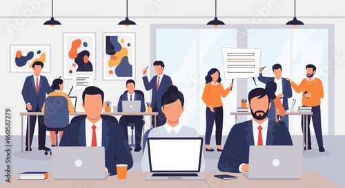 Diverse business team collaborating in a modern office, working on laptops and discussing projects. Represents teamwork, productivity, and professional environment.