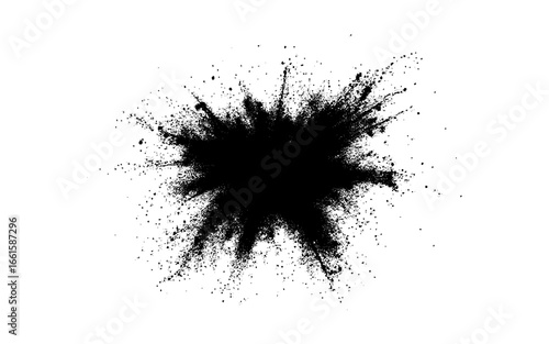 A dramatic burst of fine black powder exploding outward on a clean white background. Abstract ink-splash effect with scattered particles and dynamic energy.