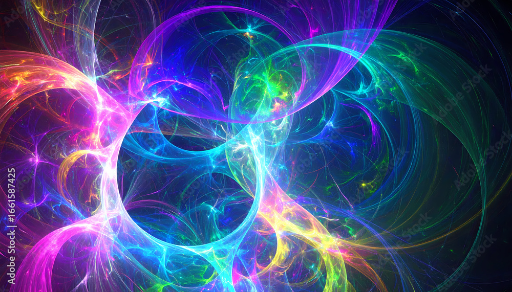 Naklejka premium Mesmerizing abstract background featuring colorful, energetic fractal pattern. This glowing, futuristic design shows vibrant cosmic vortex with ethereal light waves