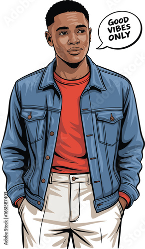 Stylish young man wearing denim jacket and red shirt, hands in pockets, looking confident, with good vibes only speech bubble, vector illustration