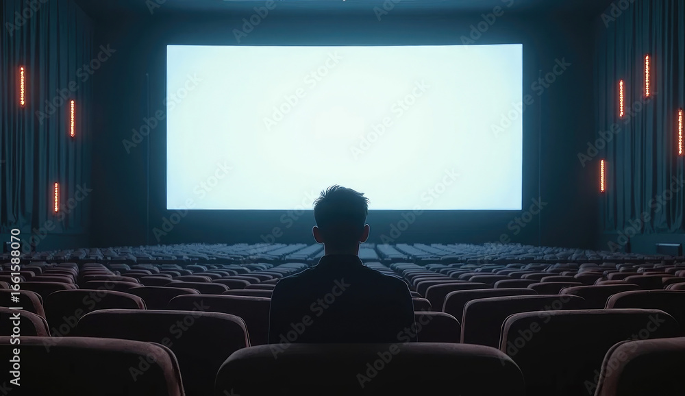 Man Alone in Movie Theater Watching Blank Screen, Empty Seats, Opportunity and Potential for Entertainment Man Alone in Movie Theater Watching Blank Screen, Empty Seats, Opportunity and Potential for Entertainment
