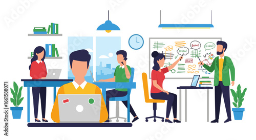 Diverse team collaborating in a modern office, engaged in laptops, phone calls, and whiteboard discussions. Illustrates teamwork, productivity, and business communication.