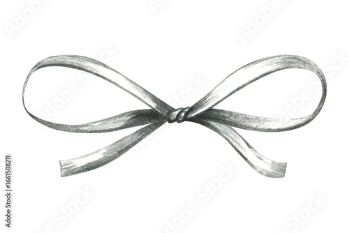 Decorative ribbon bow in monochrome realistic style, hand drawn line art illustration in grey graphite pencil, perfect isolated element for design, packaging, invitations and gift decor.