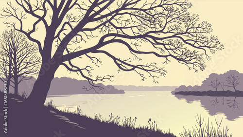 Silhouette of bare trees overlooking a calm body of water at dusk with distant treeline view landscape