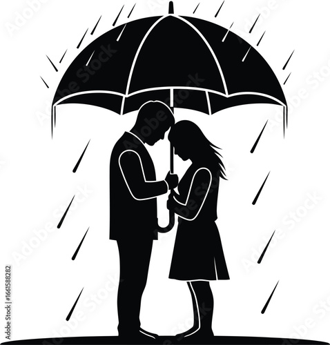 Romantic couple sharing umbrella in rain, a moment of intimacy together