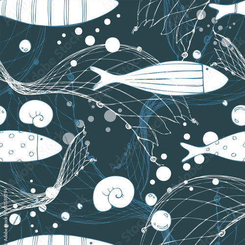 Simple geometric fish among nets and bubbles against the background of the dark depth of the sea. Graphic line art illustration drawn by hand. Seamless pattern for wallpaper, textile, children prints