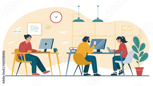 Diverse team of professionals collaborating and working productively on computers in a modern office or coworking space. Ideal for business, technology, or remote work concepts.