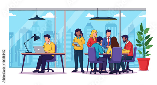 Diverse business team collaborating and working in a modern, open-plan office with a city skyline view. Represents corporate productivity and success.