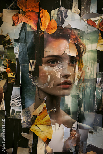 Artistic collage featuring a woman's face composed of various photographs and floral elements, showcasing creativity and visual storytelling in a vibrant, textured arrangement