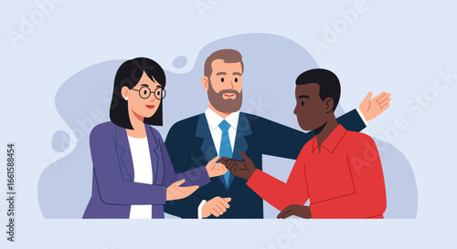 Diverse business professionals collaborate and communicate, symbolizing partnership, negotiation, and inclusive teamwork in a corporate setting. Ideal for business and HR concepts.